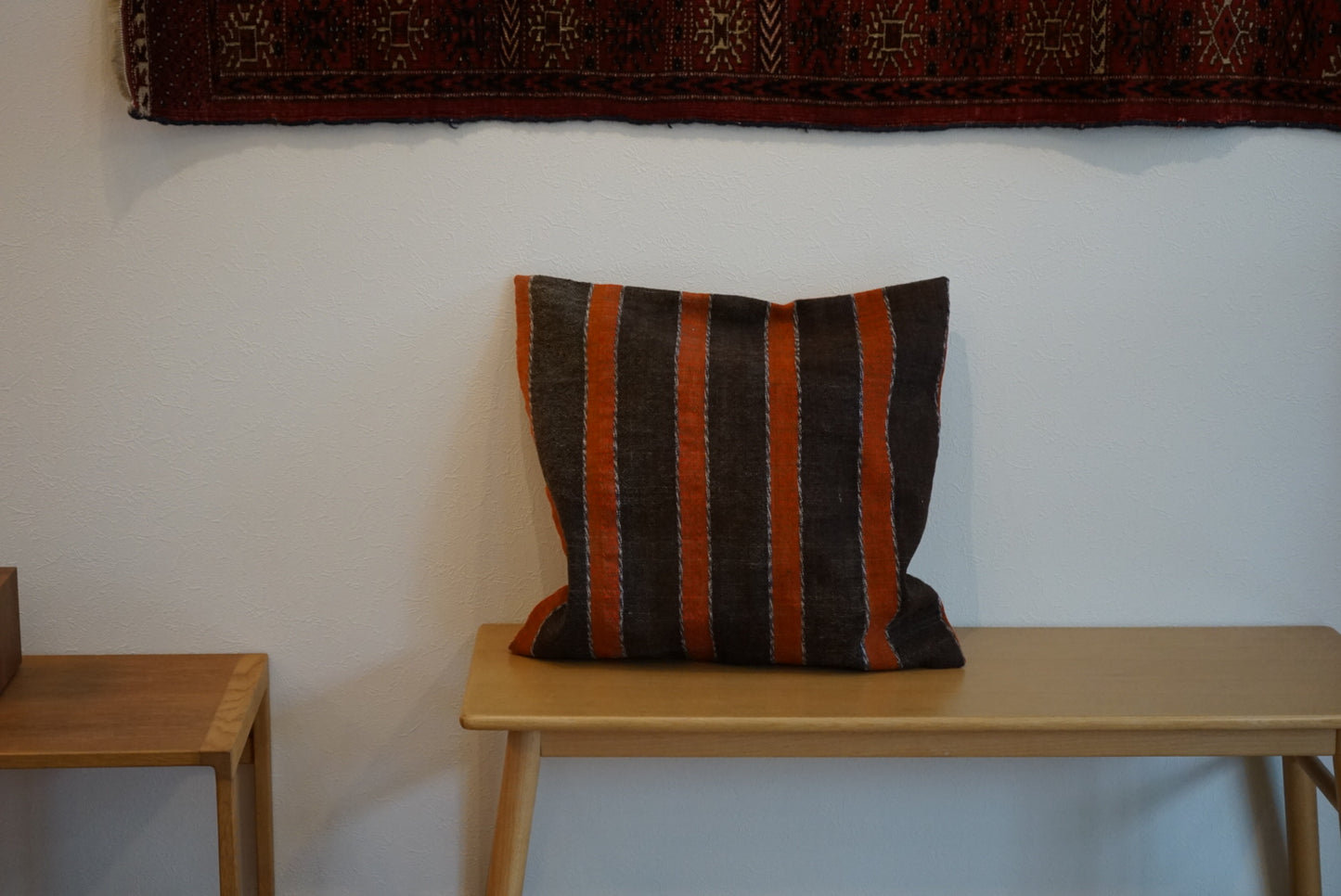 Türkiye Old Kilim Cushion Cover Brown , Orange Stripe Design 51 × 49 cm No.TR25568 / 送料無料・羊毛手織りキリム