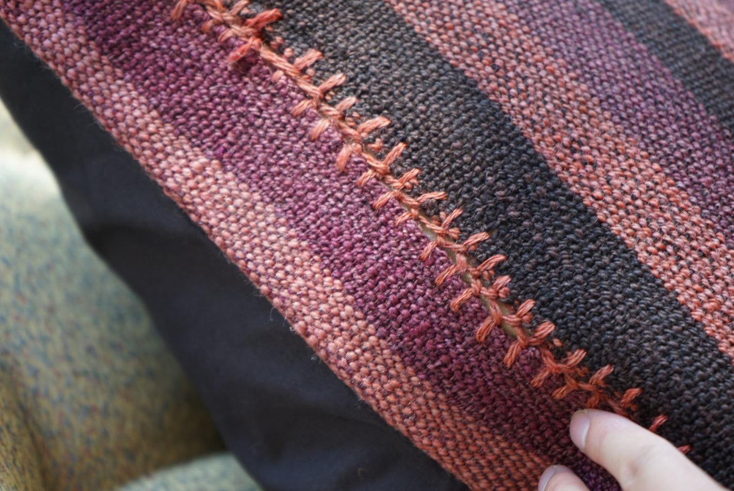 Türkiye Old Kilim Cushion Cover Purple , Pink , Black Stripe Design 51 × 49 cm No.TR25559 / 送料無料・羊毛手織りキリム