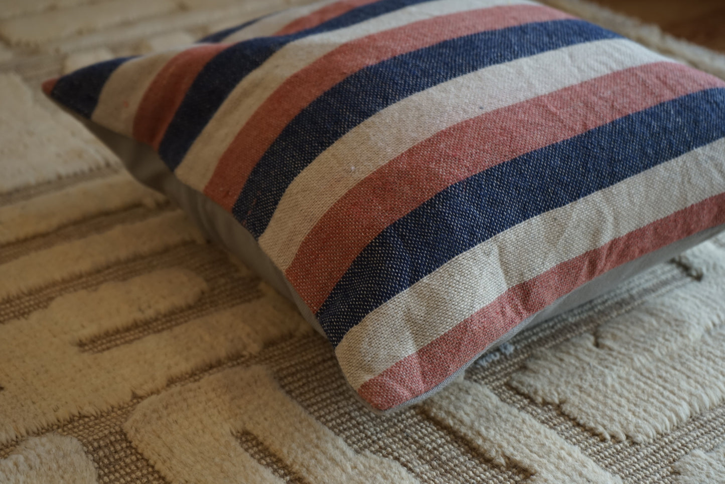Türkiye Old Kilim Cushion Cover Navy , ScarletRed , White Stripe 40 × 40 cm No.TR25362