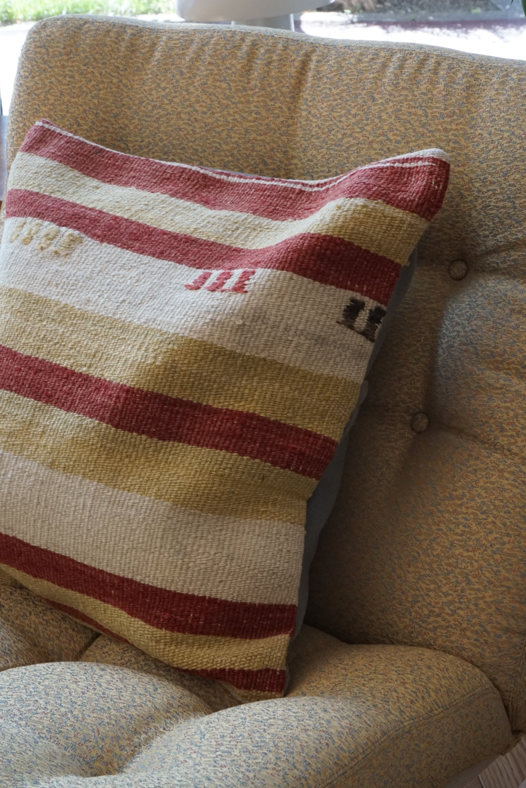 Türkiye Old Kilim Cushion Cover Mix Stripe Red , Mastard , Beige 45 × 44 cm No.TR25461