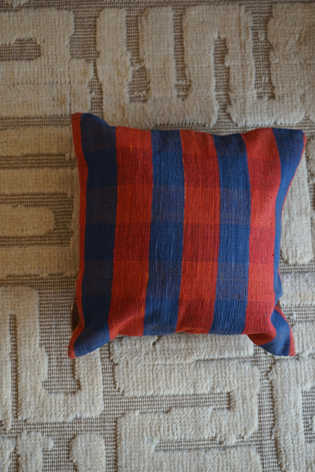Türkiye Old Kilim Cushion Cover Red , Blue CheckerStripe 40 × 40 cm No.TR25363
