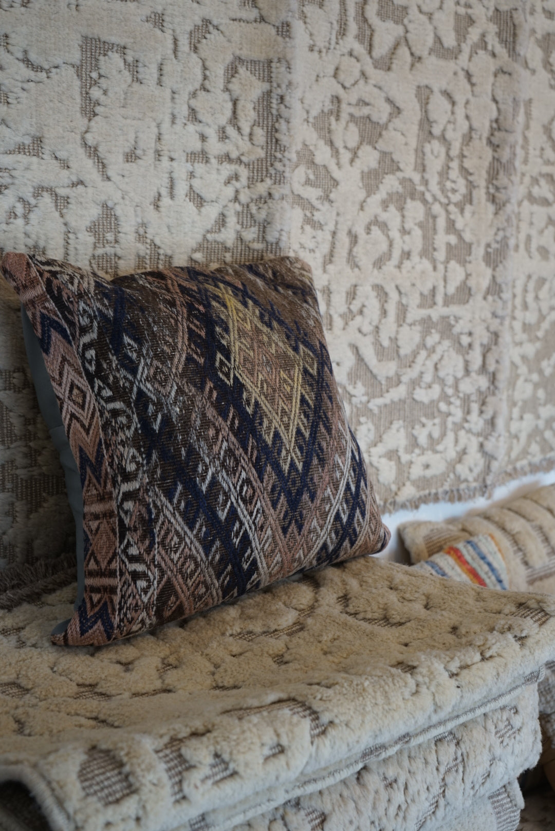 Türkiye Old Kilim Cushion Cover Brown , Beige , Navy Tribal Medallion 50 × 51 cm No.TR25356