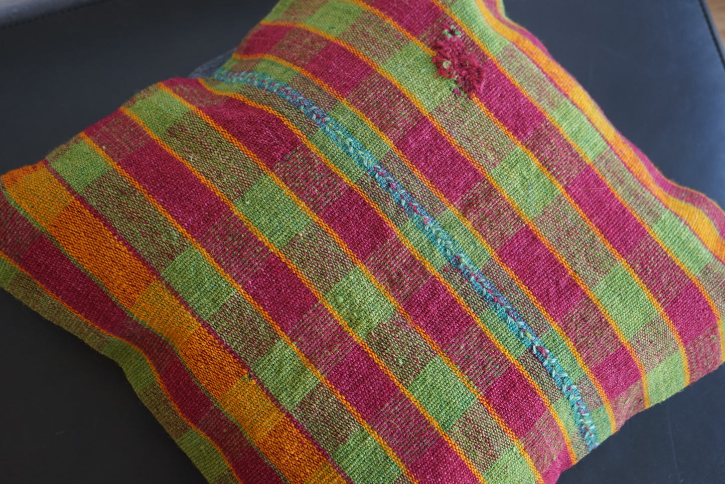 Türkiye Old Kilim Cushion Cover Checker Green , Yellow , Red 46 × 45 cm No.TR25396
