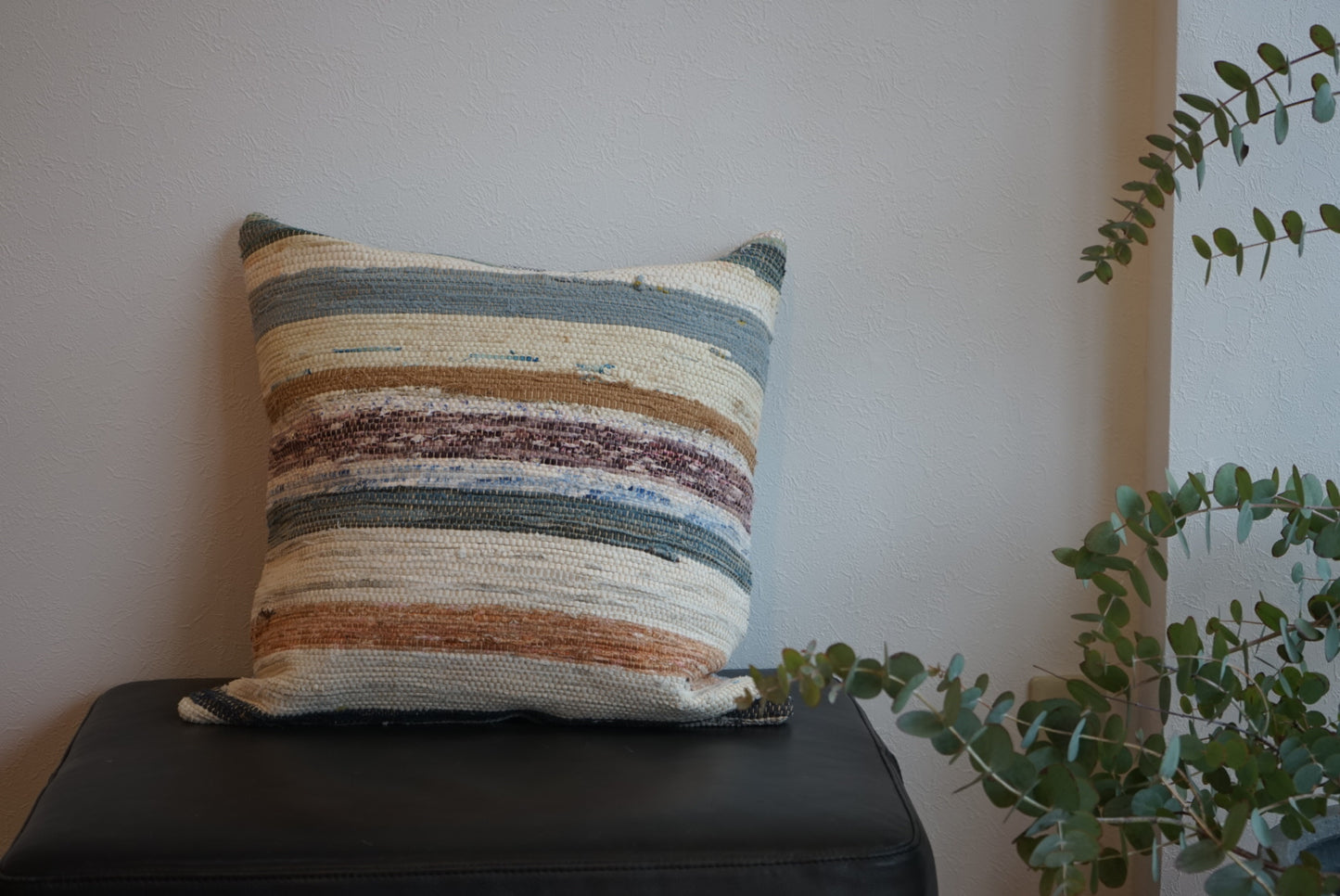 Türkiye Old Kilim Cushion Cover Stripe Mix Color Ivory , Blue 55 × 52 cm No.TR25399