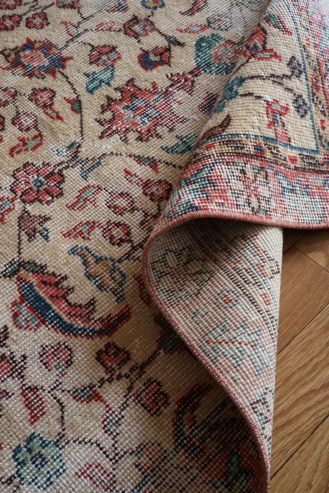Türkiye Old Isparta Beige , Rose Pink , Emerald Green Floral 1970年代 194 × 92 cm No.TR25451 / 国内送料無料