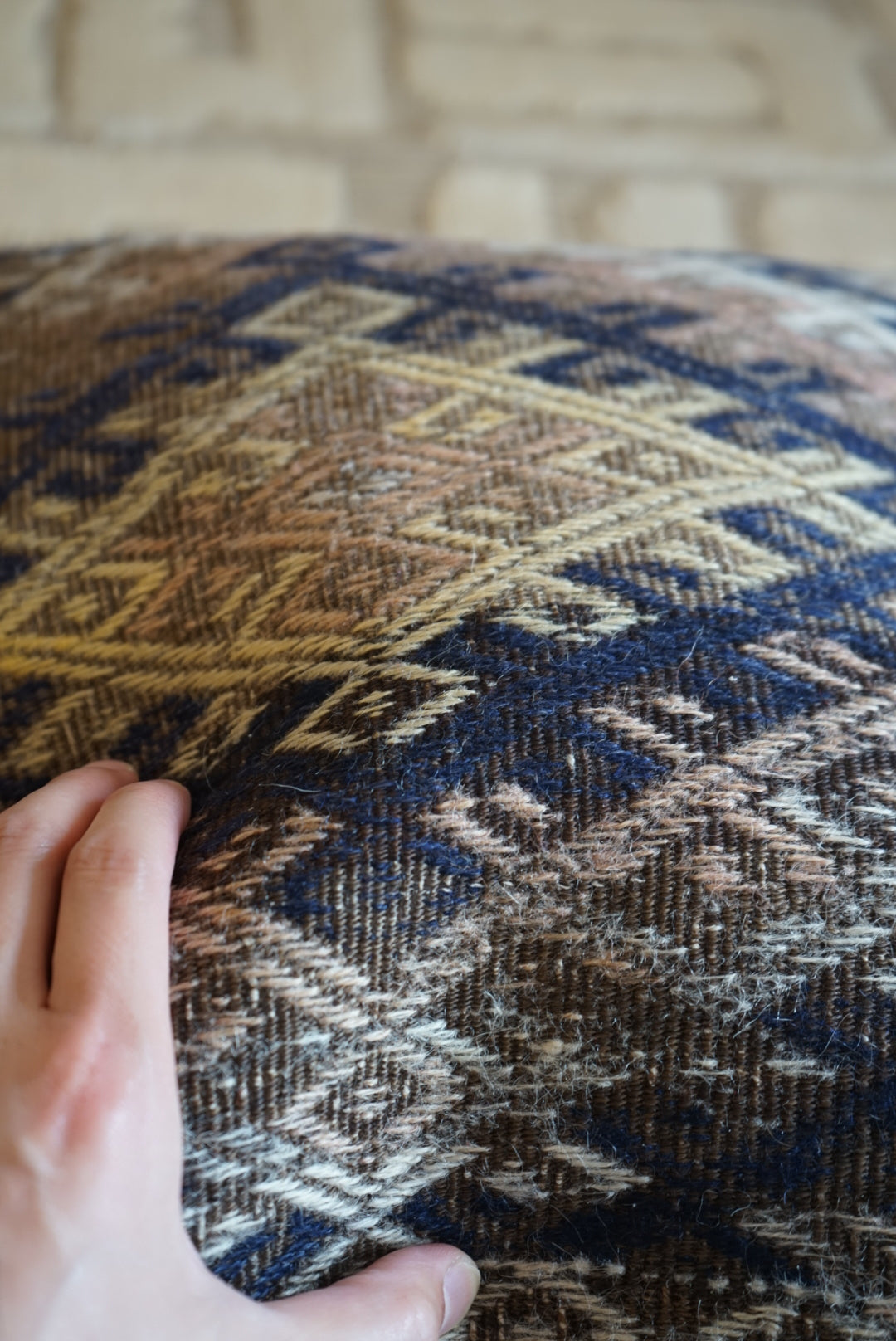Türkiye Old Kilim Cushion Cover Brown , Beige , Navy Tribal Medallion 50 × 51 cm No.TR25356