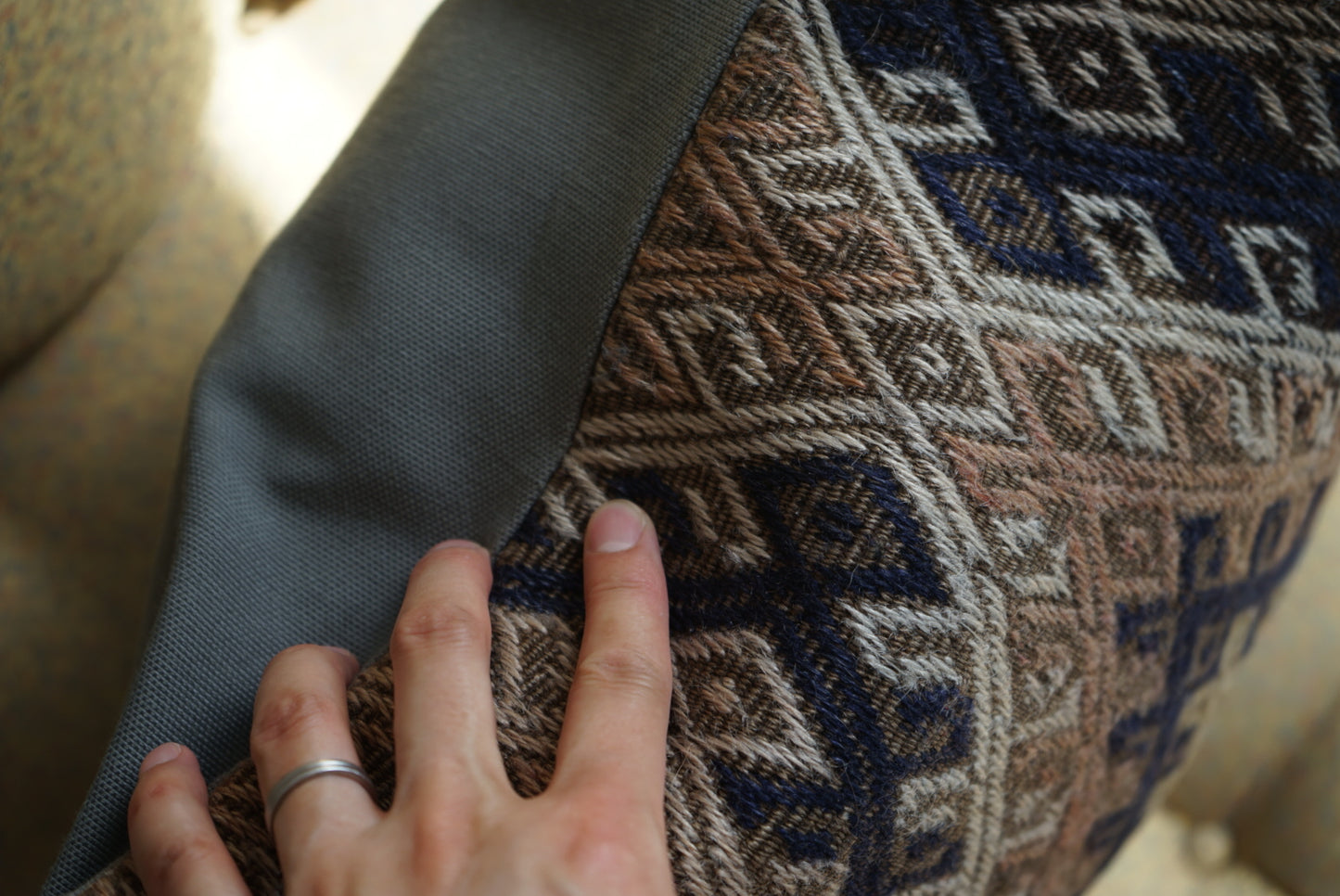 Türkiye Old Kilim Cushion Cover Brown , Beige , Navy Tribal Medallion 50 × 51 cm No.TR25356