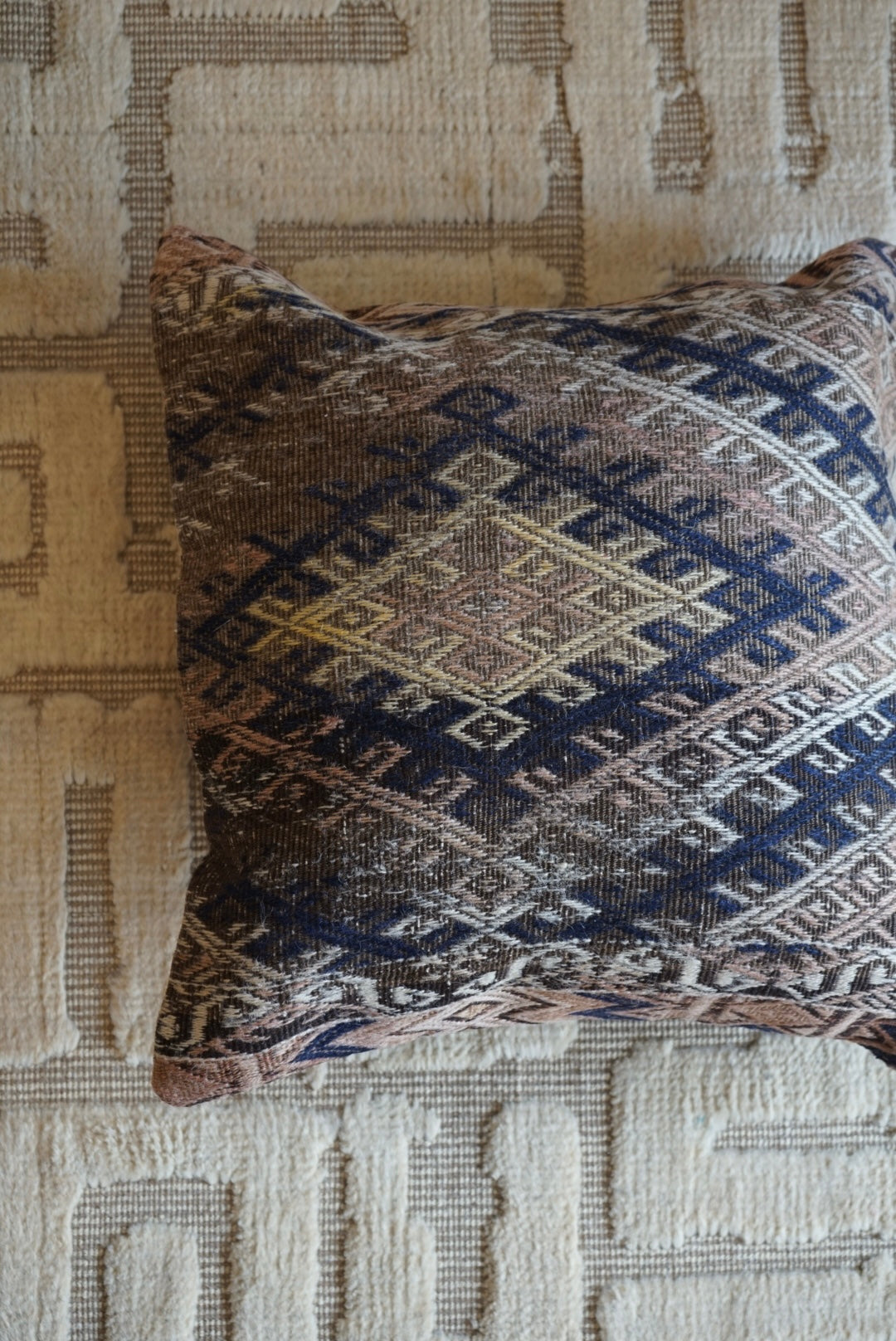 Türkiye Old Kilim Cushion Cover Brown , Beige , Navy Tribal Medallion 50 × 51 cm No.TR25356