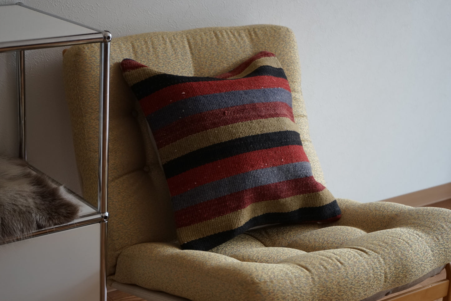 Türkiye Old Kilim Cushion Cover Mix Color Stripe Design 50 × 50 cm No.TR25528 / 国内送料無料・羊毛手織りキリム