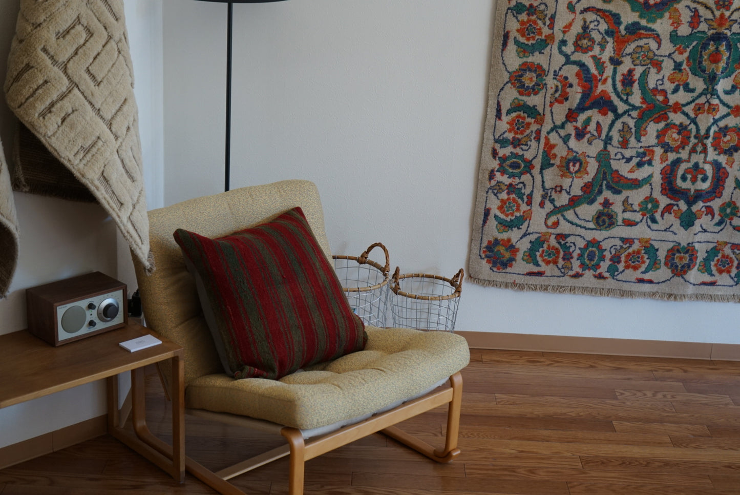 Türkiye Old Kilim Cushion Cover Green , Red Stripe Design 50 × 50 cm No.TR25556 / 送料無料・羊毛手織りキリム