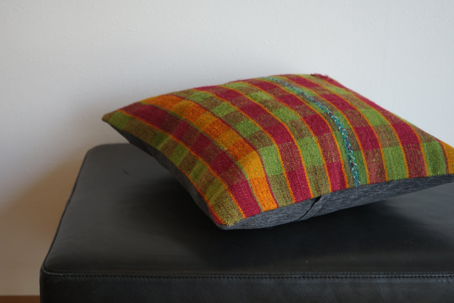 Türkiye Old Kilim Cushion Cover Checker Green , Yellow , Red 46 × 45 cm No.TR25396