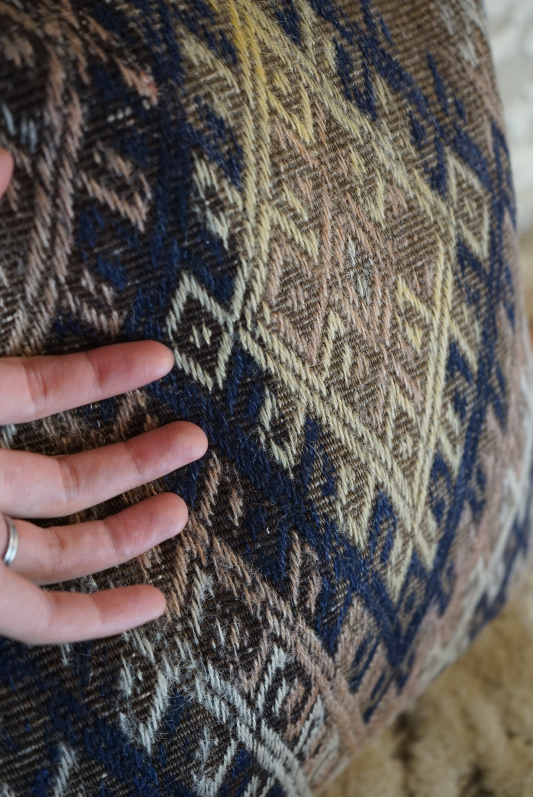 Türkiye Old Kilim Cushion Cover Brown , Beige , Navy Tribal Medallion 50 × 51 cm No.TR25356