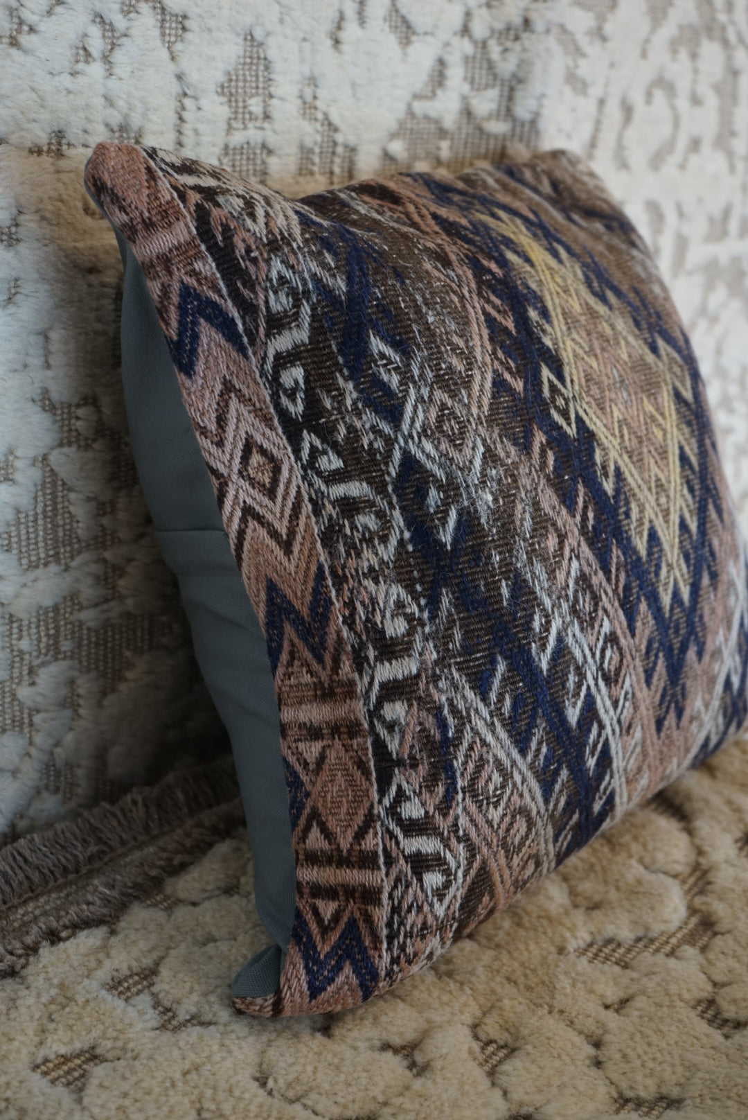 Türkiye Old Kilim Cushion Cover Brown , Beige , Navy Tribal Medallion 50 × 51 cm No.TR25356