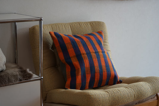 Türkiye Old Kilim Cushion Cover Orange , Blue Checker Design 45 × 45 cm No.TR25531 / 国内送料無料・羊毛手織りキリム
