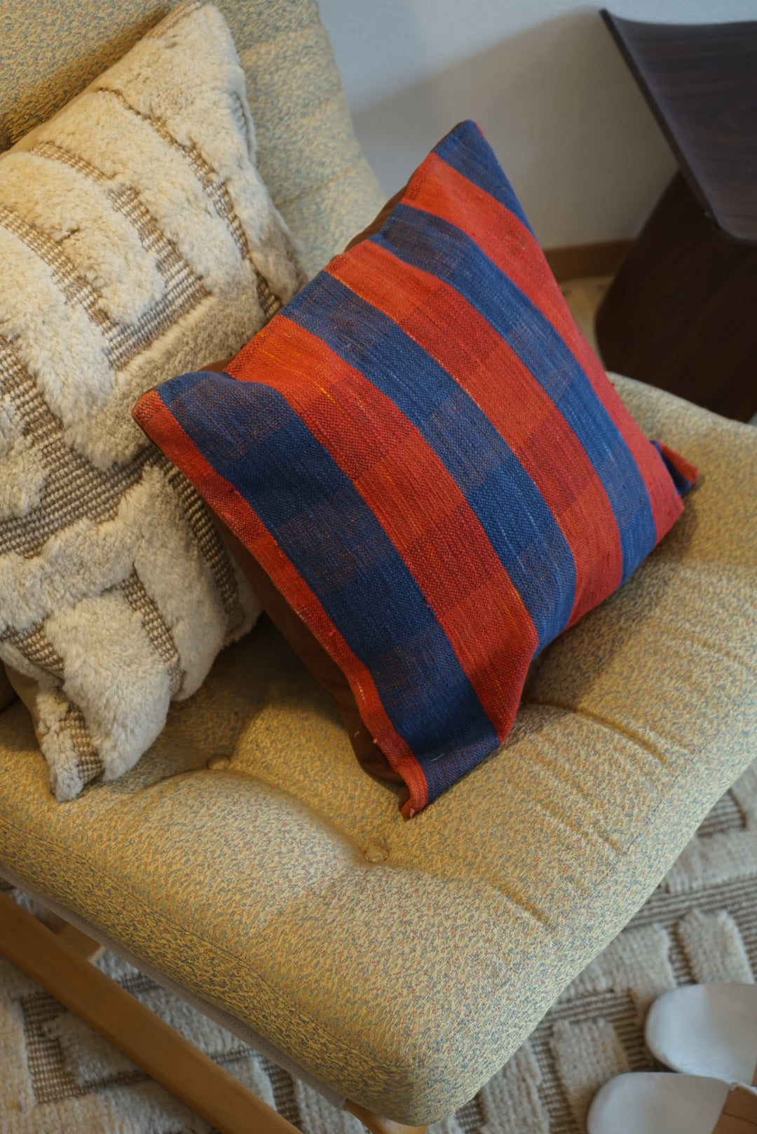 Türkiye Old Kilim Cushion Cover Red , Blue CheckerStripe 40 × 40 cm No.TR25363