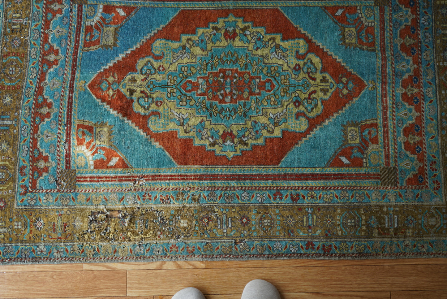 Türkiye Old Oushak Shabby Turquoise Medallion 162 × 109 cm No.TR25333