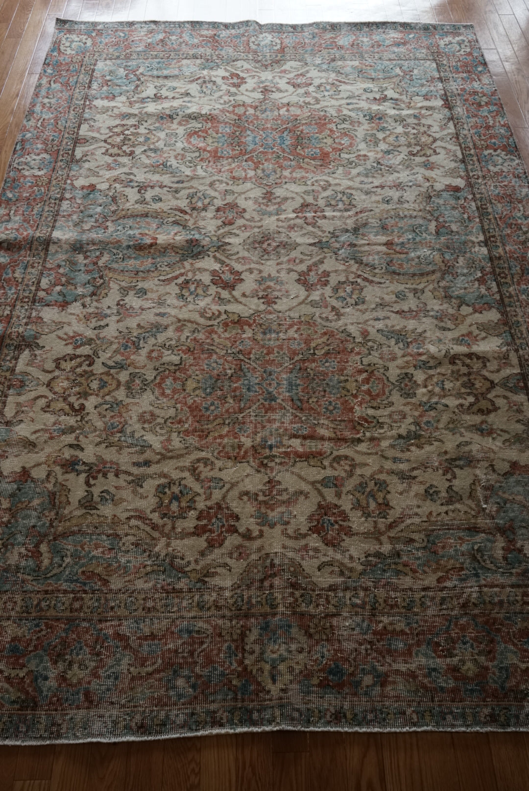 Türkiye Old Isparta Beige , Bric Red , Saxe Blue Flower 1970年代 286 × 189 cm No.TR25506 / 国内送料無料・羊毛手織り絨毯