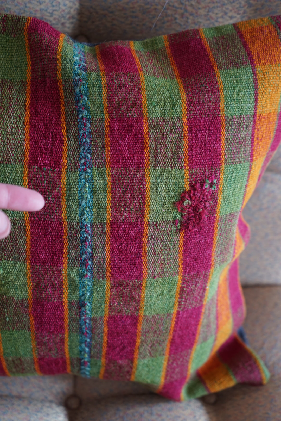Türkiye Old Kilim Cushion Cover Checker Green , Yellow , Red 46 × 45 cm No.TR25396