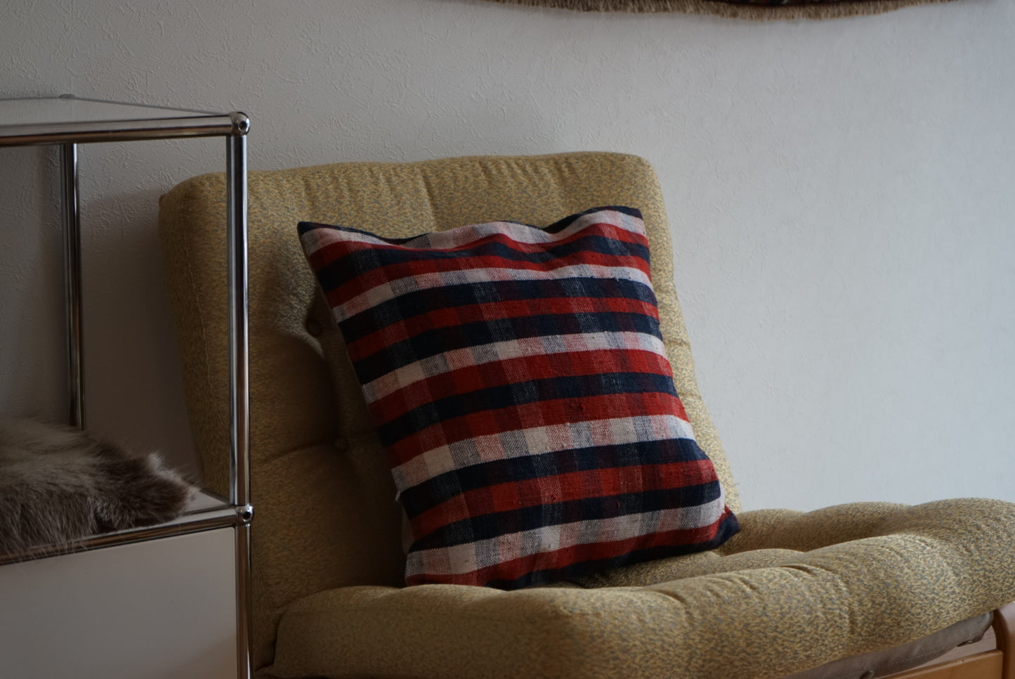 Türkiye Old Kilim Cushion Cover Navy , White , Red Mix Color Checker Design 50 × 50 cm No.TR25525 / 国内送料無料・羊毛手織りキリム