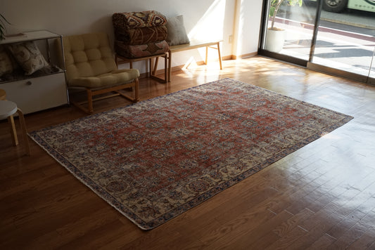 Türkiye Old Isparta Red , Blue Flower Medallion 1970年代 272.5 × 176.5 cm No.TR25508 / 国内送料無料・羊毛手織り絨毯