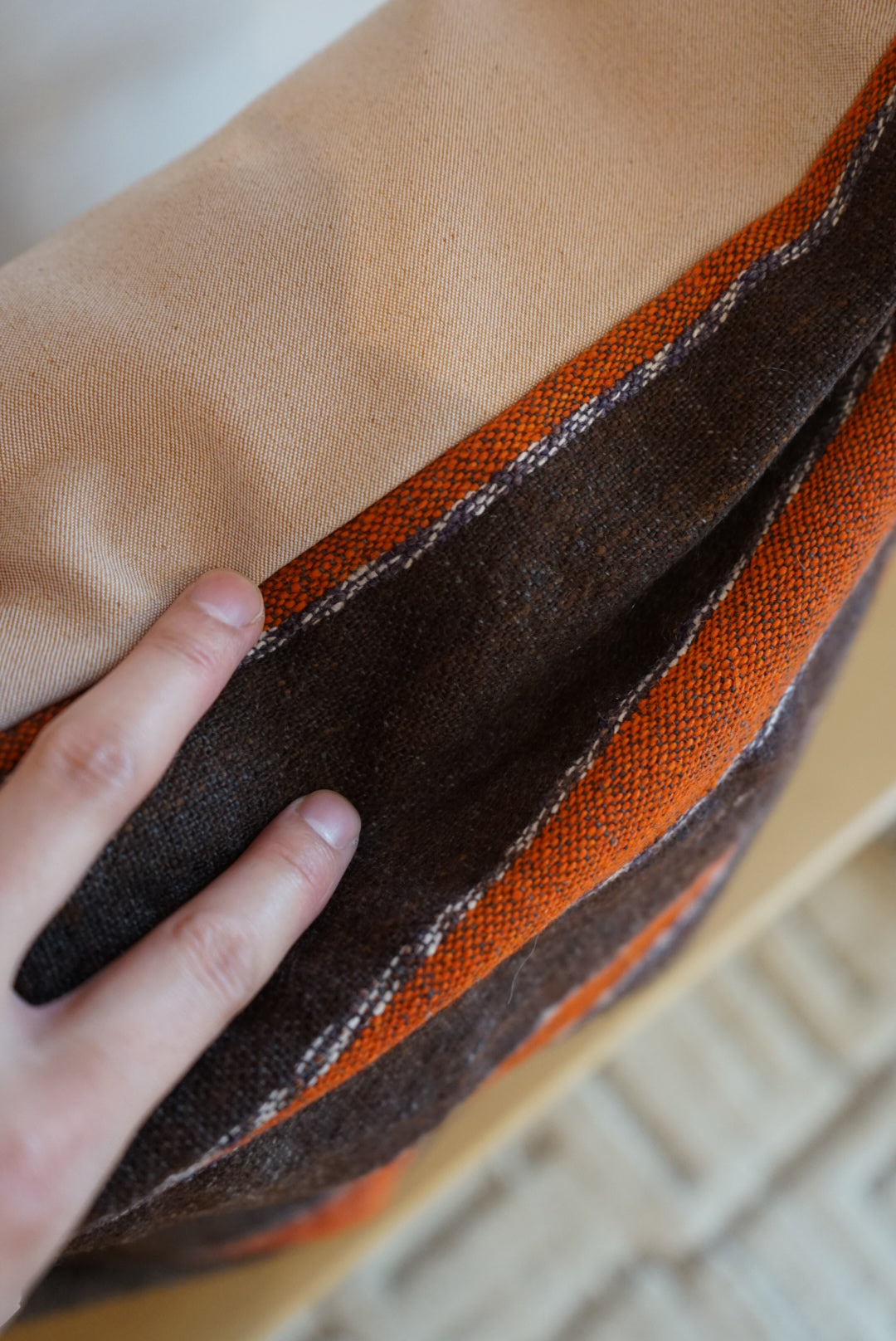 Türkiye Old Kilim Cushion Cover Brown , Orange Stripe Design 51 × 49 cm No.TR25568 / 送料無料・羊毛手織りキリム