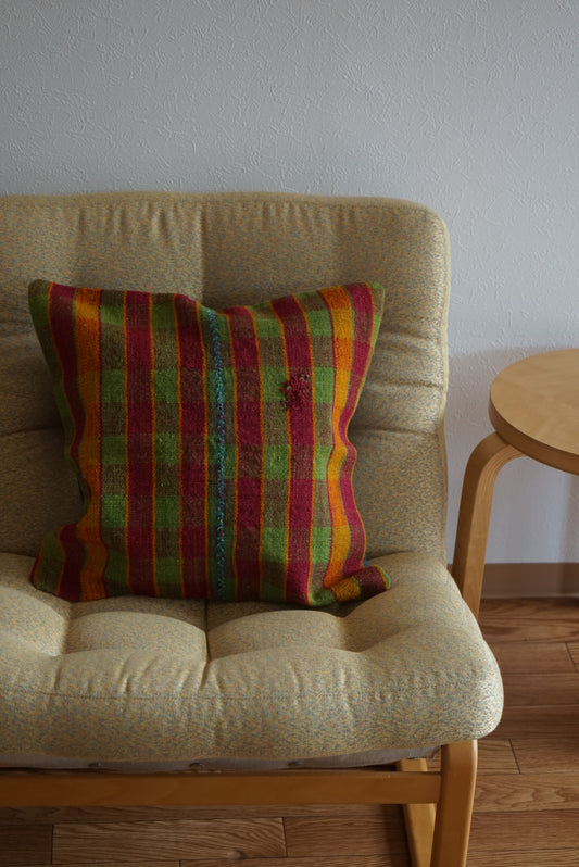 Türkiye Old Kilim Cushion Cover Checker Green , Yellow , Red 46 × 45 cm No.TR25396