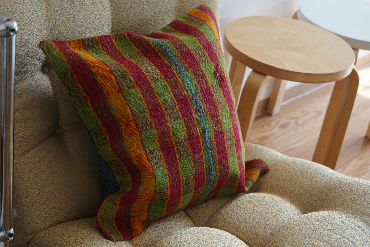 Türkiye Old Kilim Cushion Cover Checker Green , Yellow , Red 46 × 45 cm No.TR25396