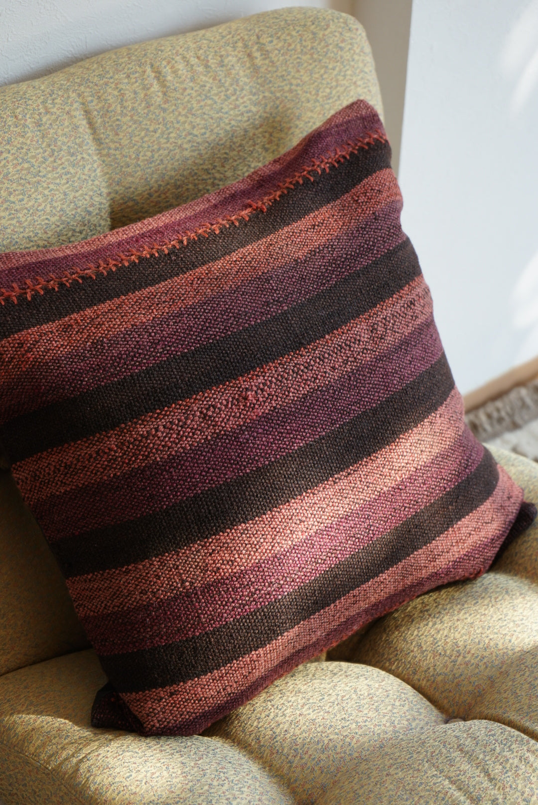 Türkiye Old Kilim Cushion Cover Purple , Pink , Black Stripe Design 51 × 49 cm No.TR25559 / 送料無料・羊毛手織りキリム