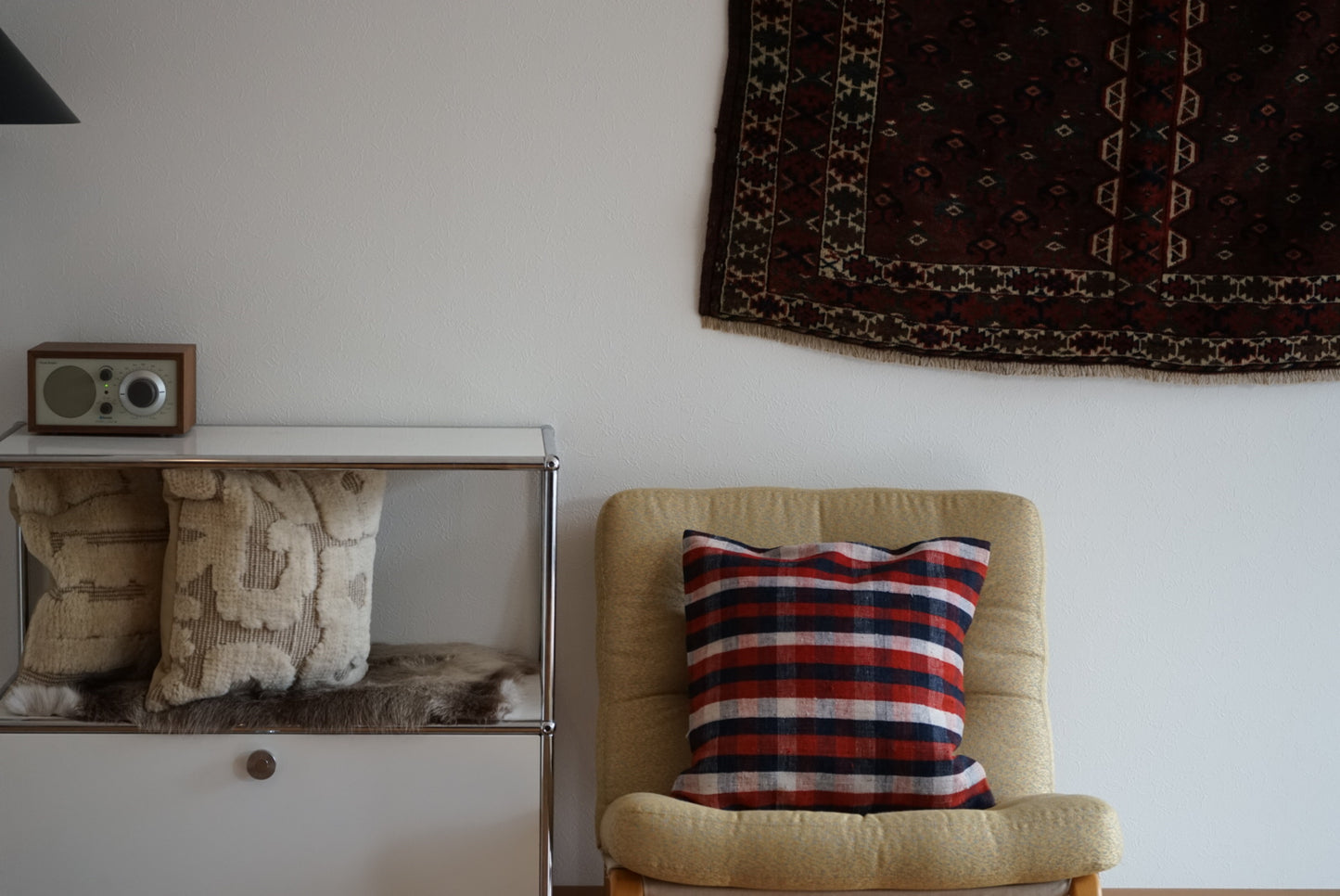 Türkiye Old Kilim Cushion Cover Navy , White , Red Mix Color Checker Design 50 × 50 cm No.TR25525 / 国内送料無料・羊毛手織りキリム