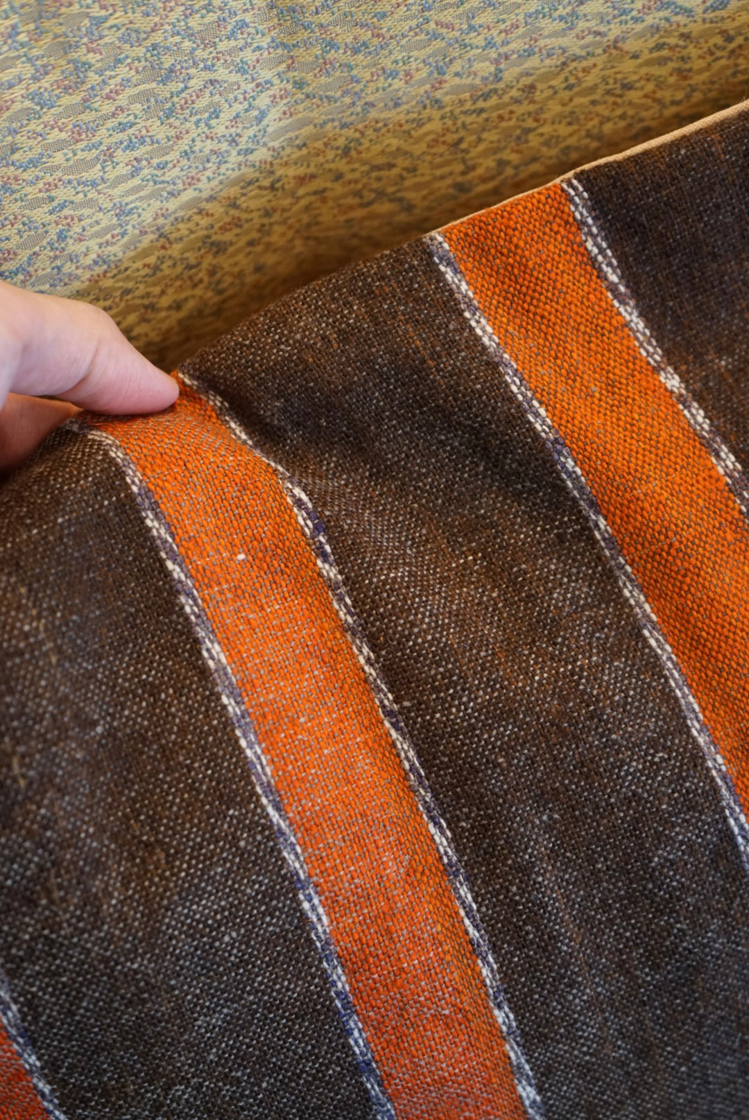 Türkiye Old Kilim Cushion Cover Brown , Orange Stripe Design 51 × 49 cm No.TR25568 / 送料無料・羊毛手織りキリム