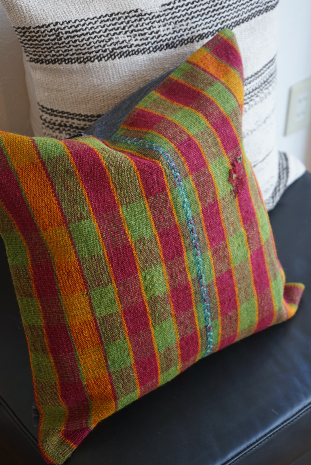 Türkiye Old Kilim Cushion Cover Checker Green , Yellow , Red 46 × 45 cm No.TR25396
