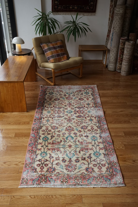 Türkiye Old Isparta Beige , Rose Pink , Emerald Green Floral 1970年代 194 × 92 cm No.TR25451