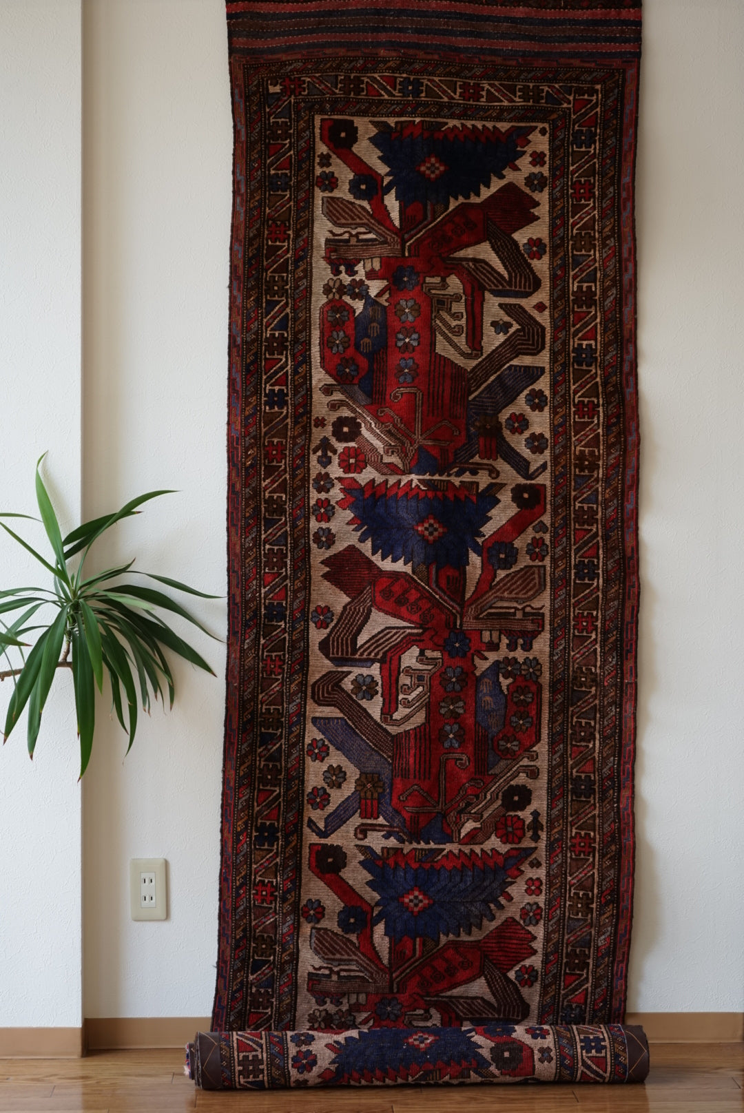 店頭販売 IRAN ANTIQUE QASHQAI SHIRAZ PHOENIX RUNNER 1860年代 320×80cm
