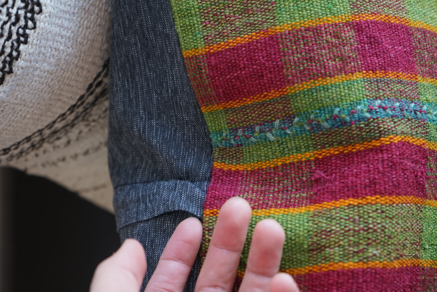 Türkiye Old Kilim Cushion Cover Checker Green , Yellow , Red 46 × 45 cm No.TR25396