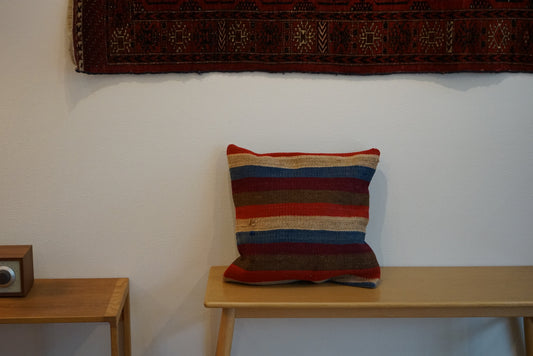 Türkiye Old Kilim Cushion Cover Mix Color Stripe Design 44 × 45 cm No.TR25566 / 送料無料・羊毛手織りキリム