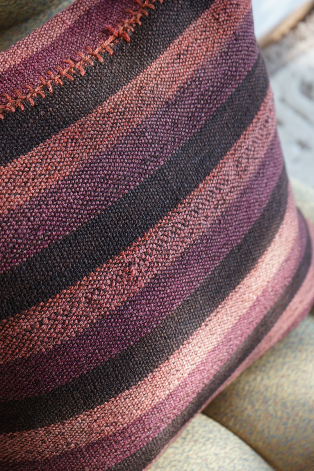 Türkiye Old Kilim Cushion Cover Purple , Pink , Black Stripe Design 51 × 49 cm No.TR25559 / 送料無料・羊毛手織りキリム