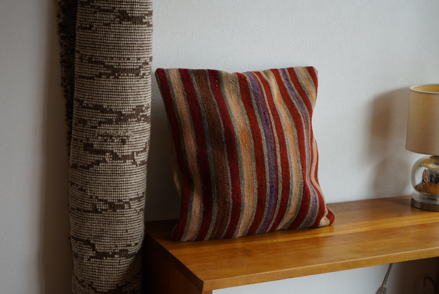 Türkiye Old Kilim Cushion Cover Mix Color Stripe Design 45 × 45 cm No.TR25535 / 送料無料・羊毛手織りキリム