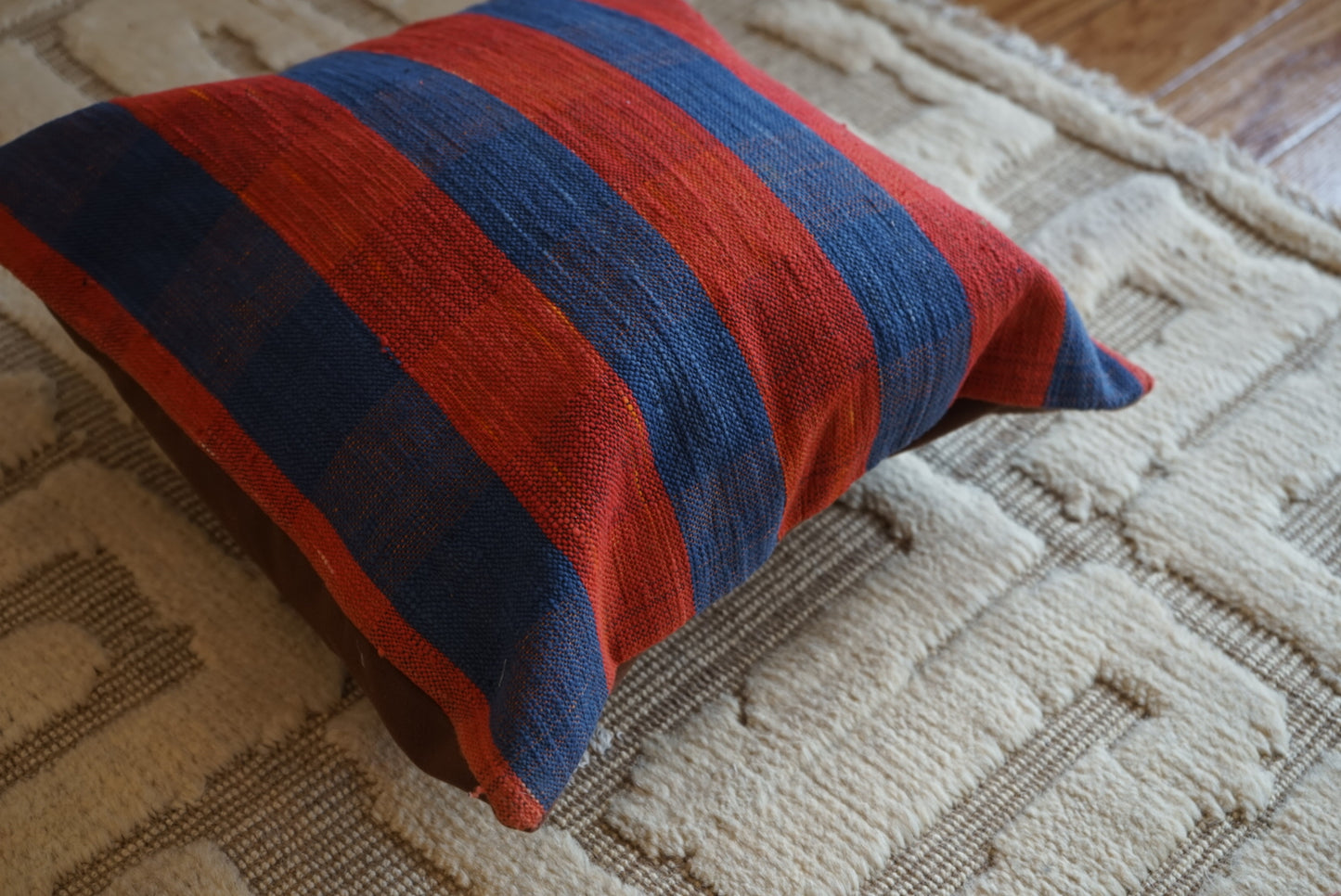 Türkiye Old Kilim Cushion Cover Red , Blue CheckerStripe 40 × 40 cm No.TR25363