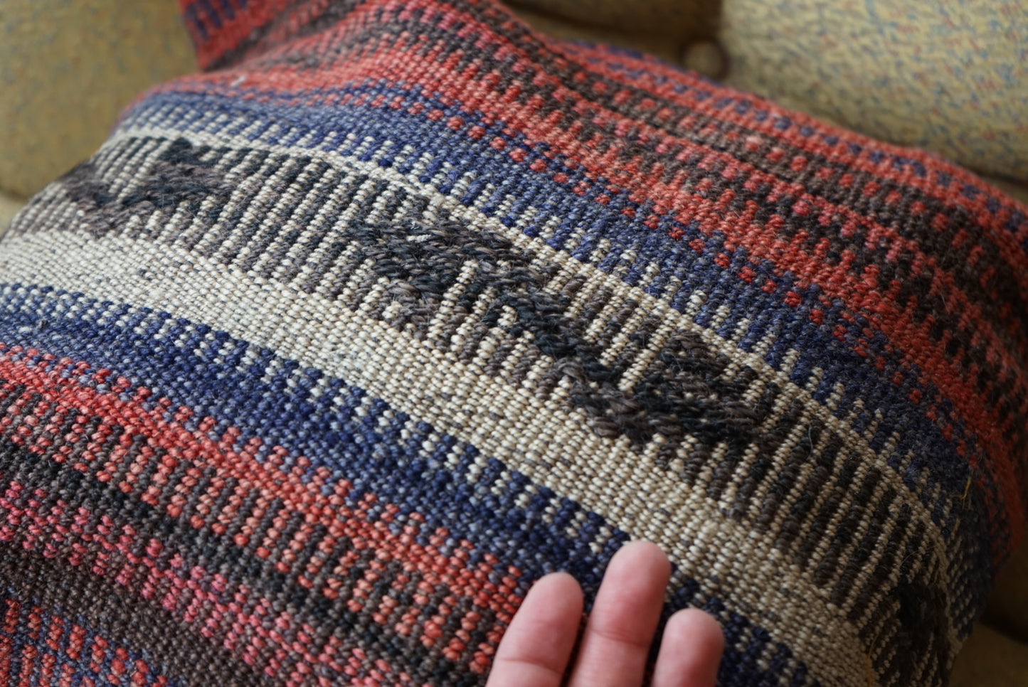 Türkiye Old Kilim Cushion Cover Red , Blue , White Stripe 40 × 40 cm No.TR25445