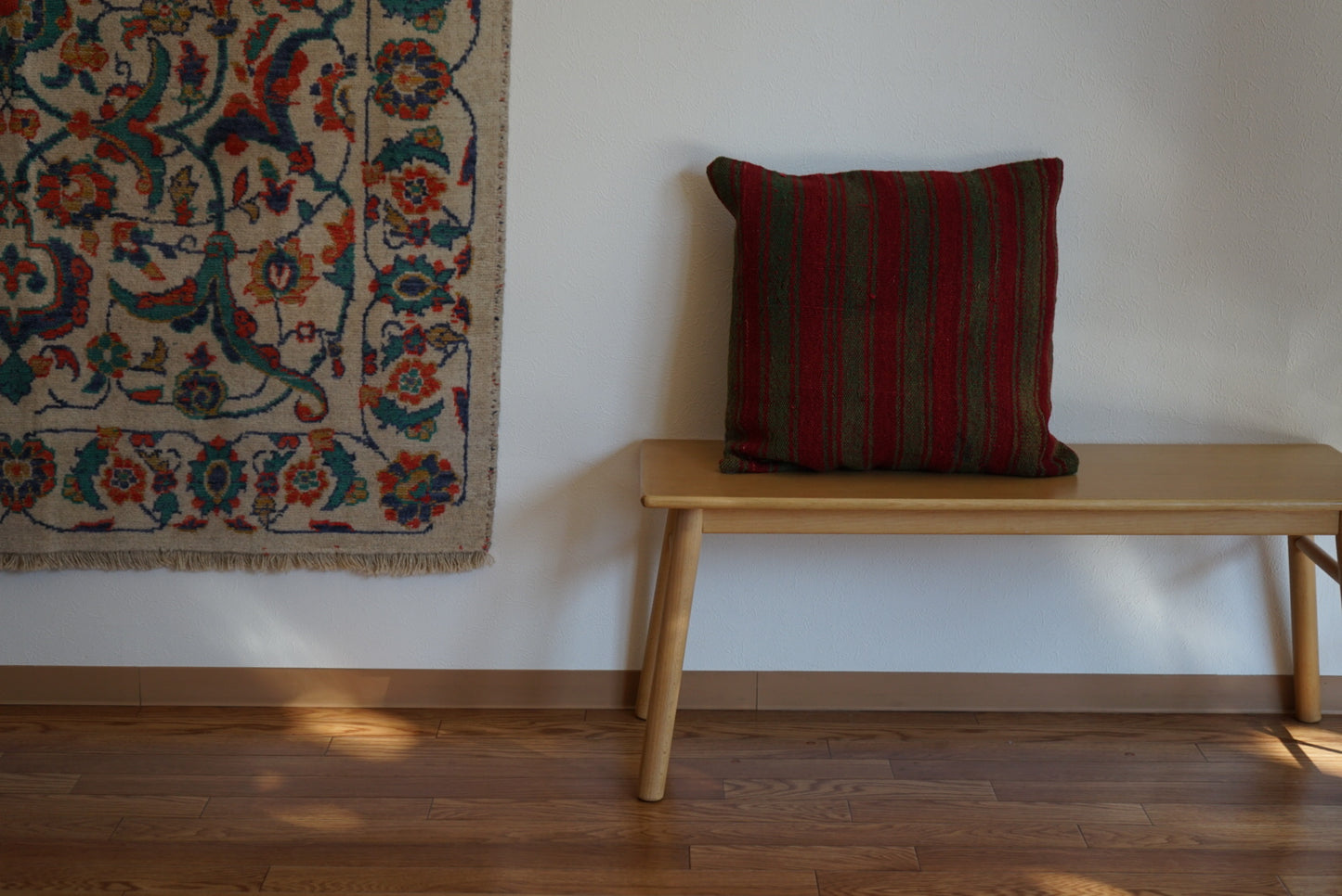 Türkiye Old Kilim Cushion Cover Green , Red Stripe Design 50 × 50 cm No.TR25556 / 送料無料・羊毛手織りキリム