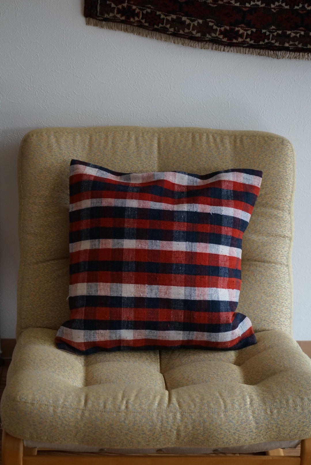Türkiye Old Kilim Cushion Cover Navy , White , Red Mix Color Checker Design 50 × 50 cm No.TR25525 / 国内送料無料・羊毛手織りキリム
