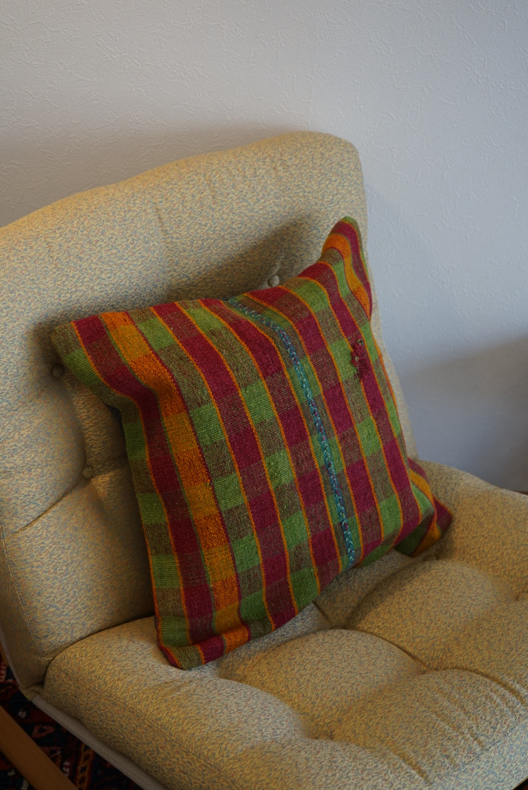 Türkiye Old Kilim Cushion Cover Checker Green , Yellow , Red 46 × 45 cm No.TR25396