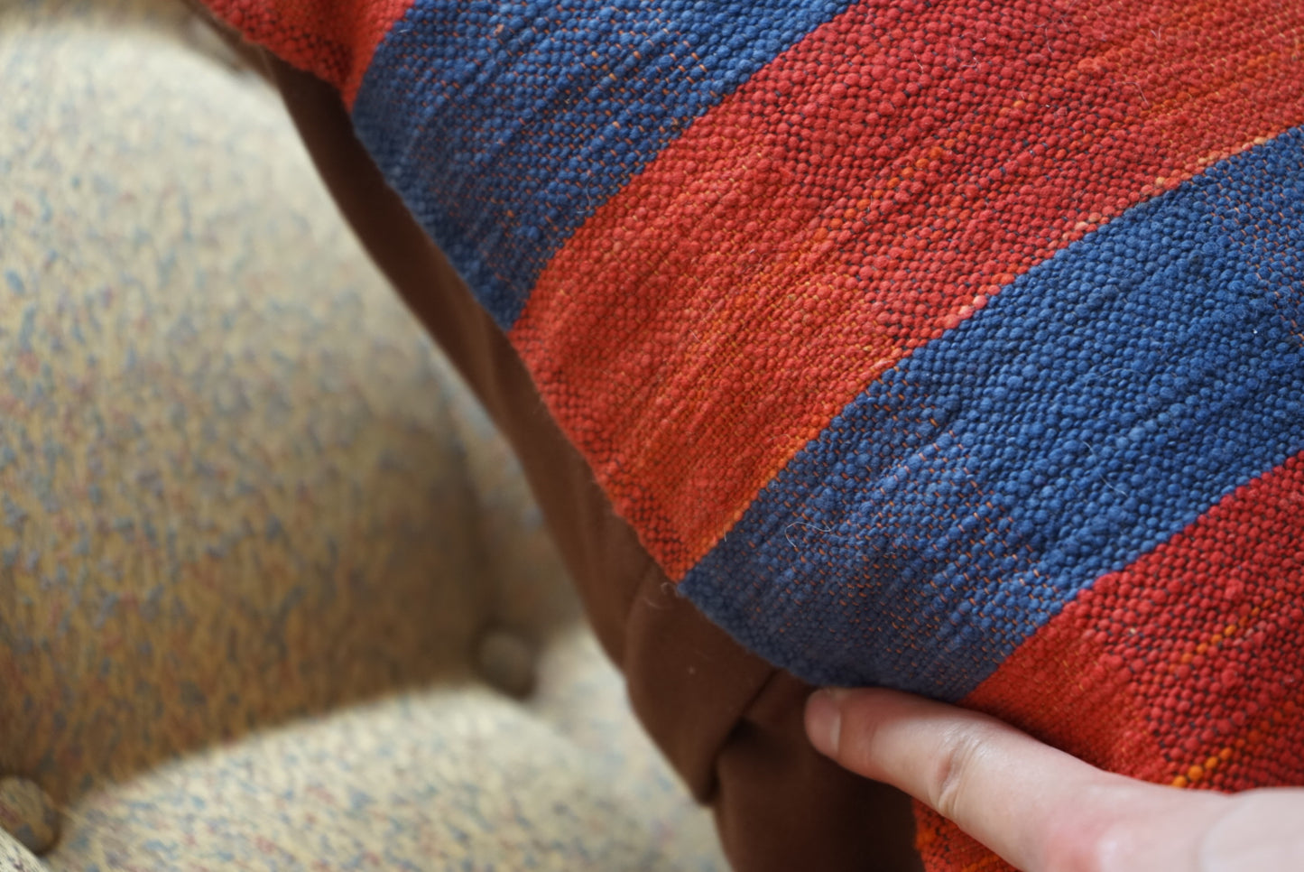 Türkiye Old Kilim Cushion Cover Red , Blue CheckerStripe 40 × 40 cm No.TR25363