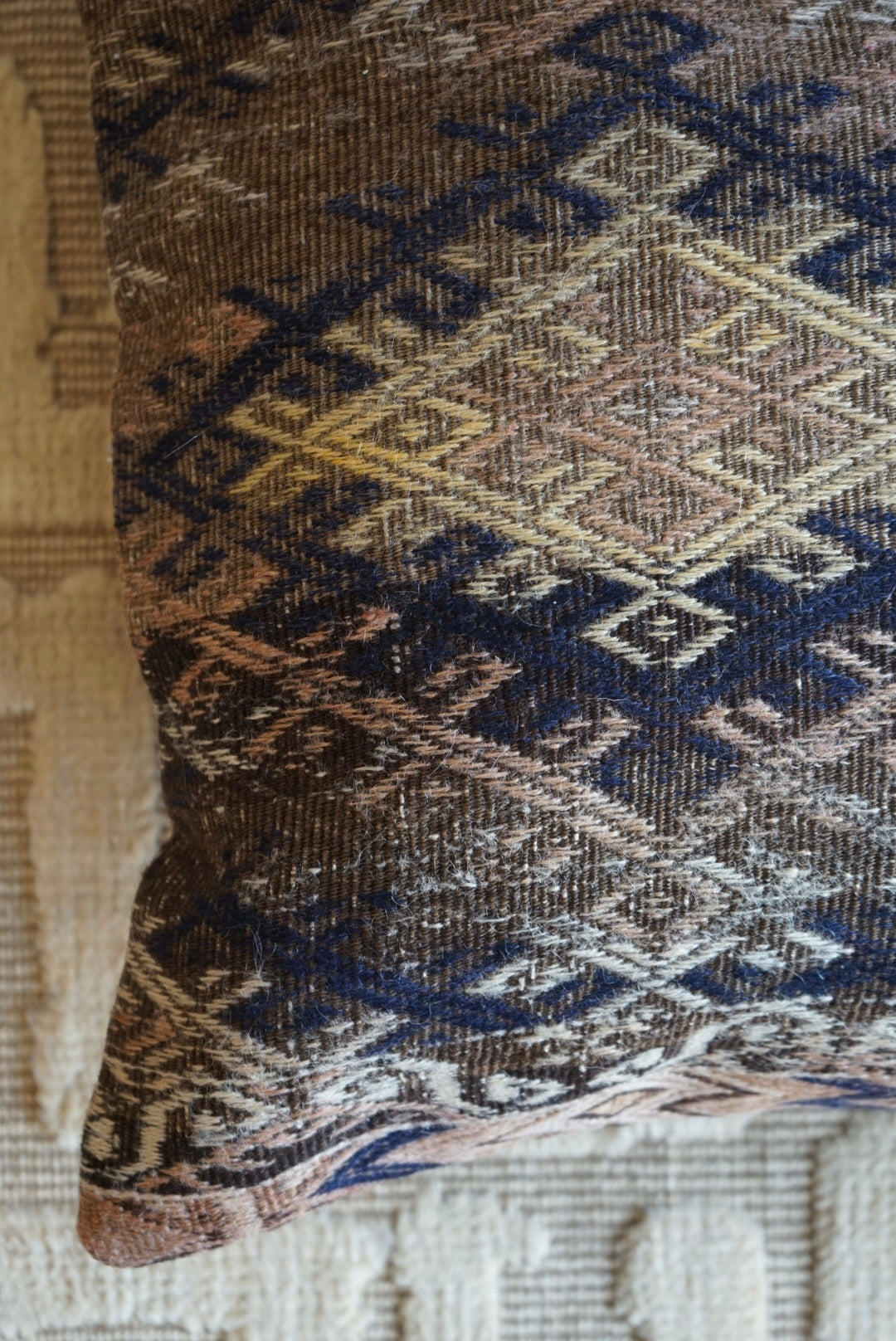 Türkiye Old Kilim Cushion Cover Brown , Beige , Navy Tribal Medallion 50 × 51 cm No.TR25356