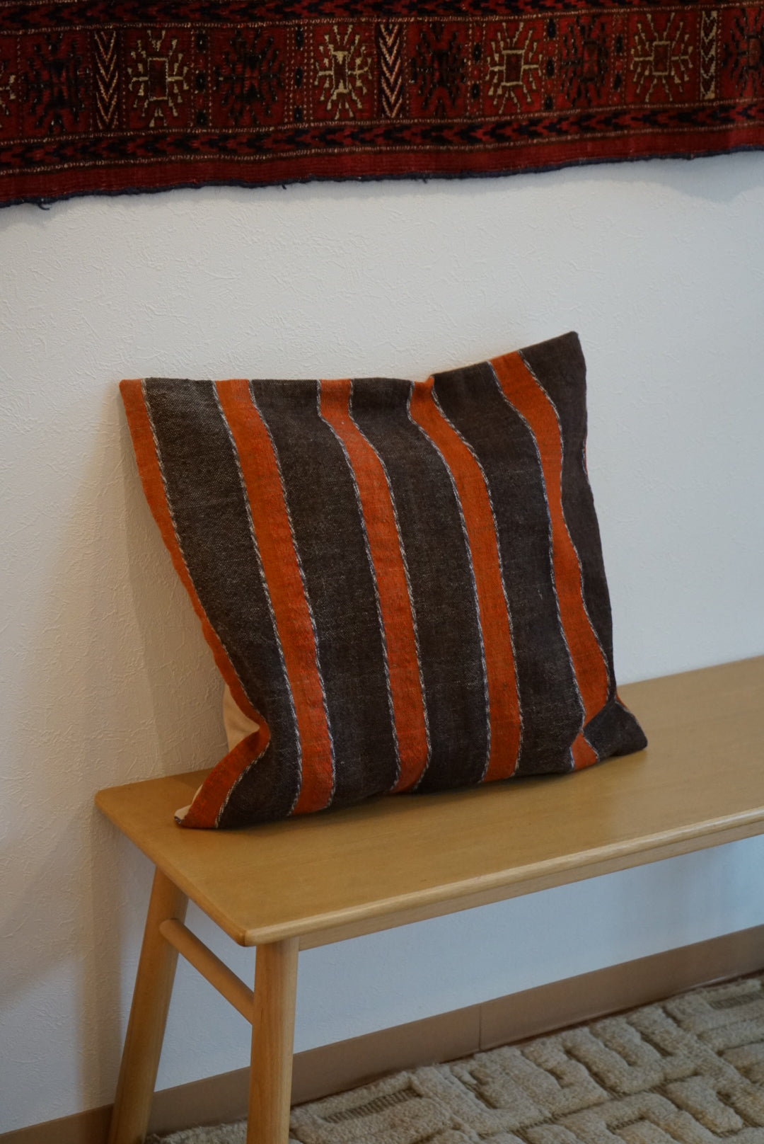 Türkiye Old Kilim Cushion Cover Brown , Orange Stripe Design 51 × 49 cm No.TR25568 / 送料無料・羊毛手織りキリム